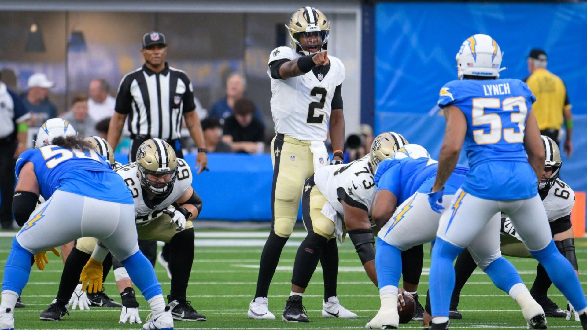 New Orleans Saints quarterback Jameis Winston (2) at the line of scrimmage during the first half against the Los Angeles Chargers at SoFi Stadium.