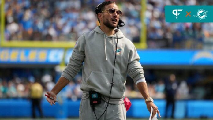 Miami Dolphins coach Mike McDaniel reacts against the Los Angeles Chargers in the second half at SoFi Stadium.