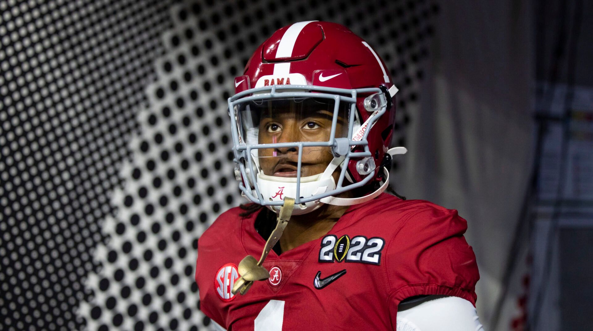 Alabama Crimson Tide defensive back Kool-Aid McKinstry (1) against the Georgia Bulldogs in the 2022 CFP college football national championship game at Lucas Oil Stadium.