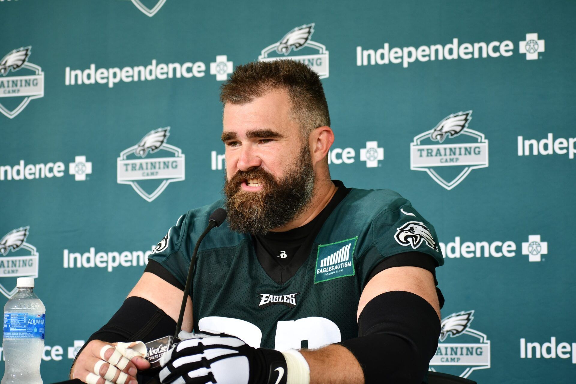 Jason Kelce answers questions at NFL press conference.