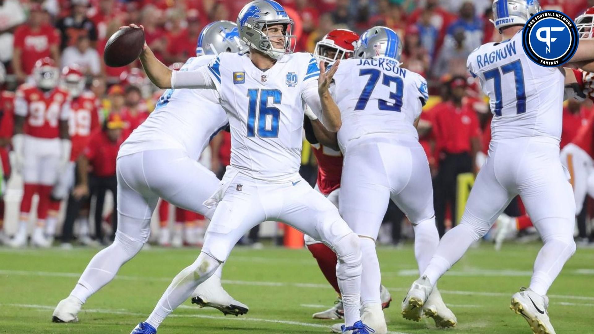 Detroit Lions quarterback Jared Goff (16) makes a pass against the Kansas City Chiefs.