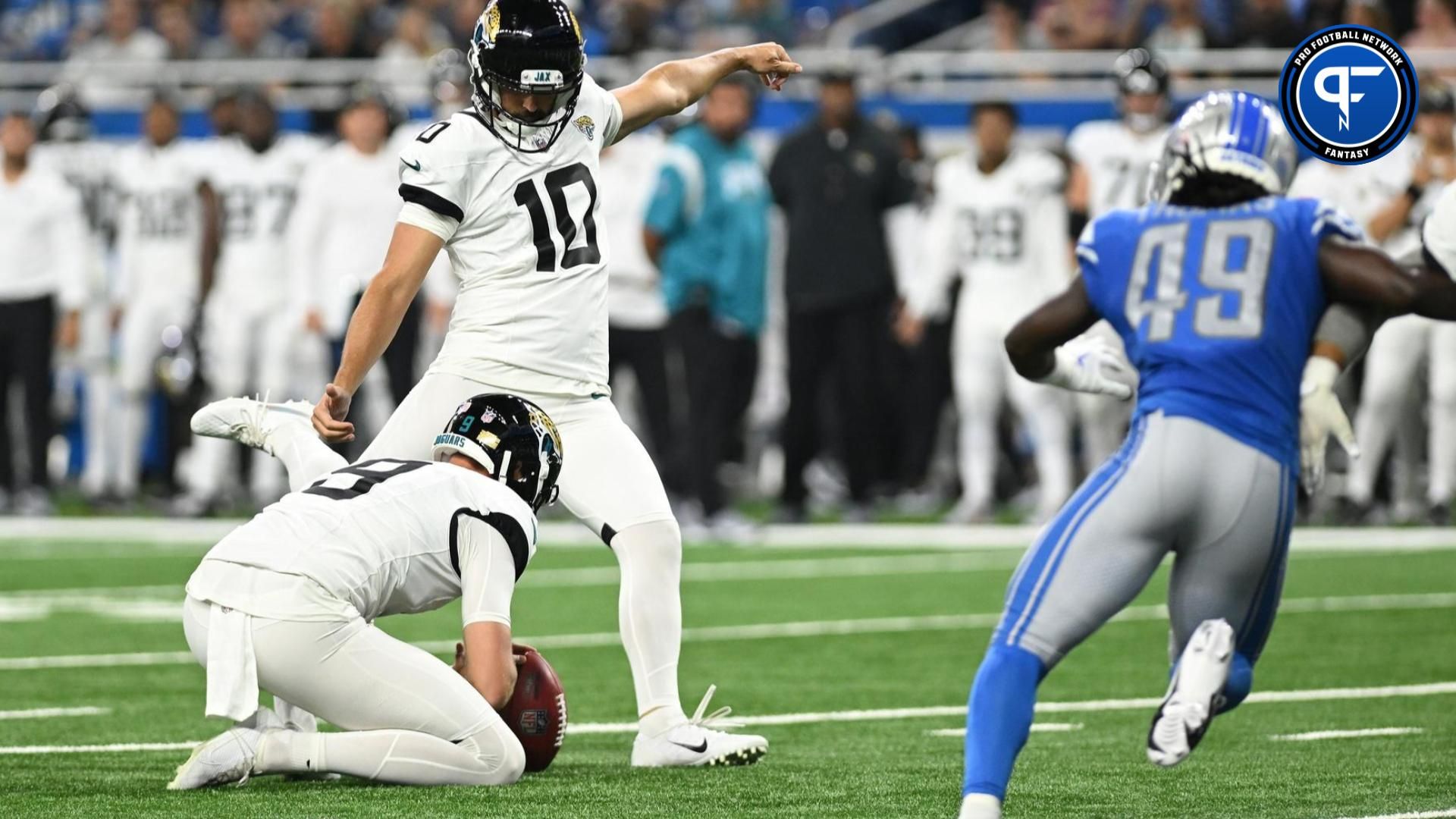Jacksonville Jaguars place kicker Brandon McManus (10) kicks a field goal against the Detroit Lions in the second quarter at Ford Field.
