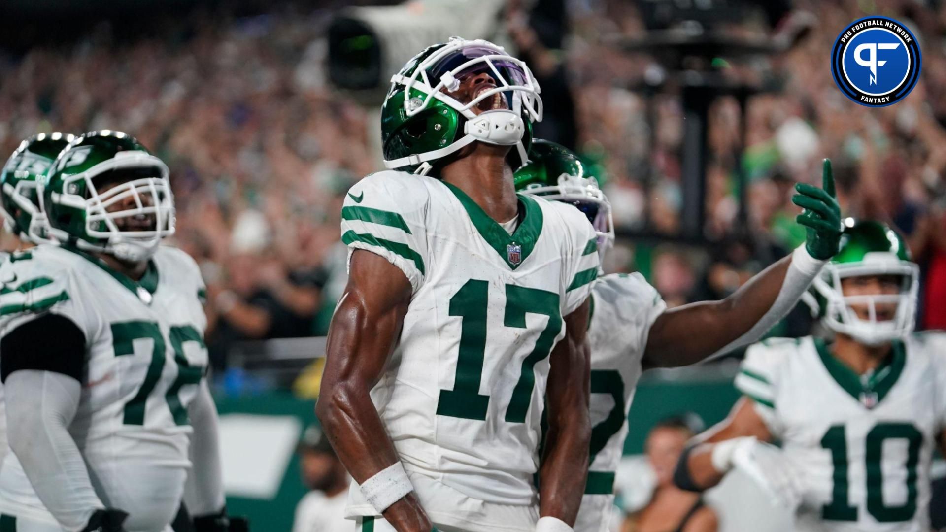 New York Jets wide receiver Garrett Wilson (17) celebrates his touchdown catch in the second half. The Jets defeat the Bills in overtime, 22-16, in the home opener at MetLife Stadium on Monday, Sept. 11, 2023, in East Rutherford.