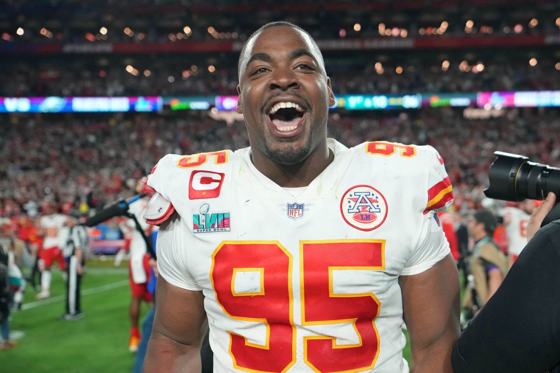 Kansas City Chiefs defensive tackle Chris Jones (95) celebrates after winning Super Bowl LVII against the Philadelphia Eagles at State Farm Stadium.