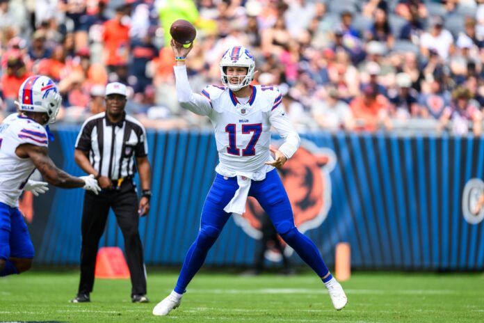 Josh Allen (17) passes the ball against the Chicago Bears during the first quarter at Soldier Field.