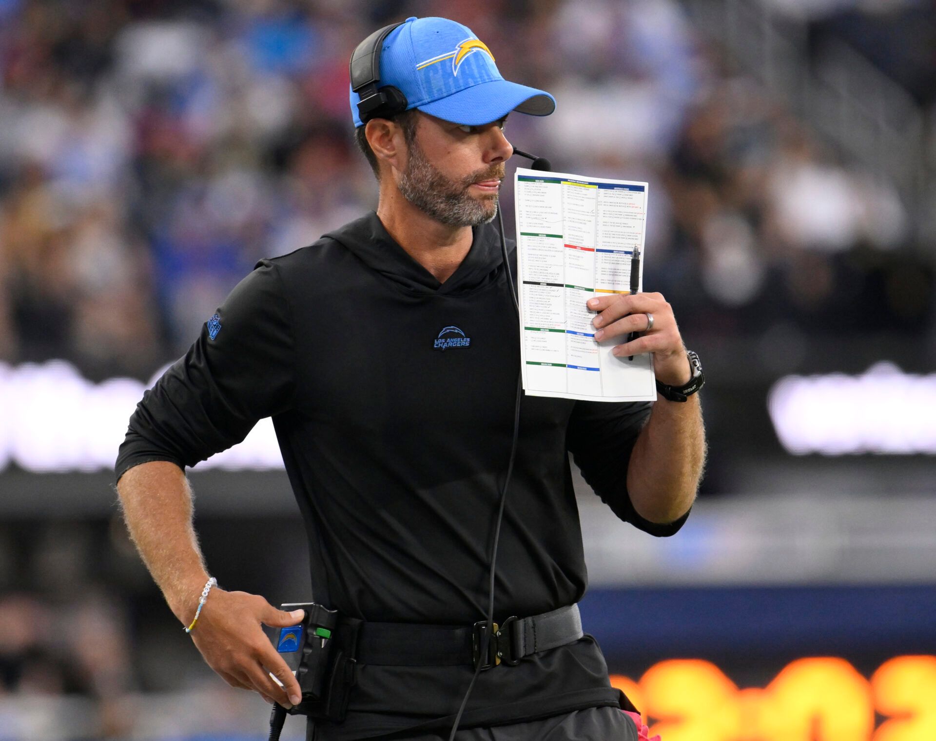 Aug 20, 2023; Inglewood, California, USA; Los Angeles Chargers head coach Brandon Staley during the third quarter against the New Orleans Saints at SoFi Stadium. Mandatory Credit: Robert Hanashiro-USA TODAY Sports