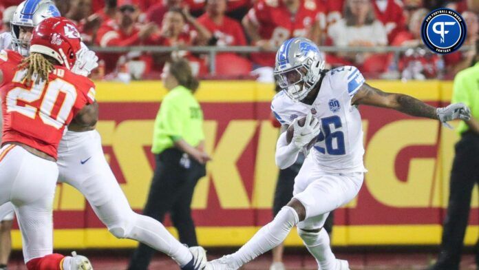 Lions running back Jahmyr Gibbs runs against Chiefs during the second half of the Lions' 21-20 win on Thursday, Sept. 7, 2023, in Kansas City, Missouri.