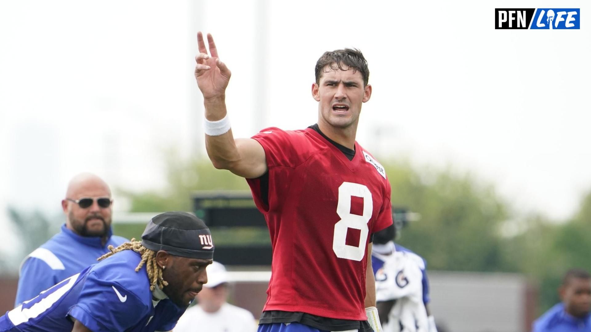 New York Giants quarterback Daniel Jones (8) gestures on day two of training camp at the Quest Diagnostics Training Facility.