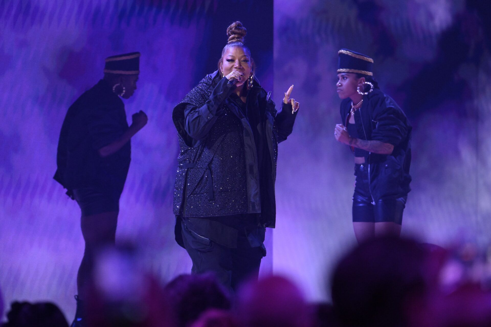 Queen Latifah performs as part of a tribute to 50 years of Hip Hop during the 65th Annual Grammy Awards at Crypto.com Arena.