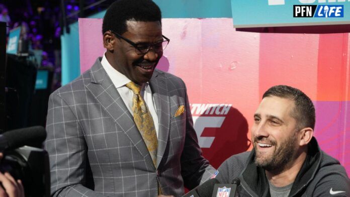 NFL Network reporter Michael Irvin speaks with Philadelphia Eagles head coach Nick Sirianni during Super Bowl Opening Night at Footprint Center.