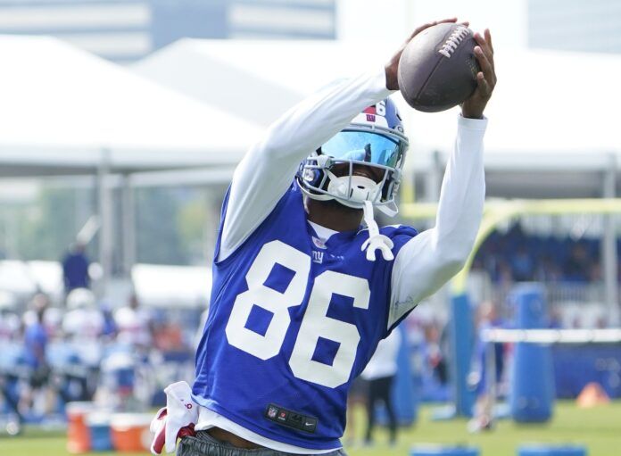 New York Giants wide receiver Darius Slayton (86) catches the ball on day two of training camp at the Quest Diagnostics Training Facility.