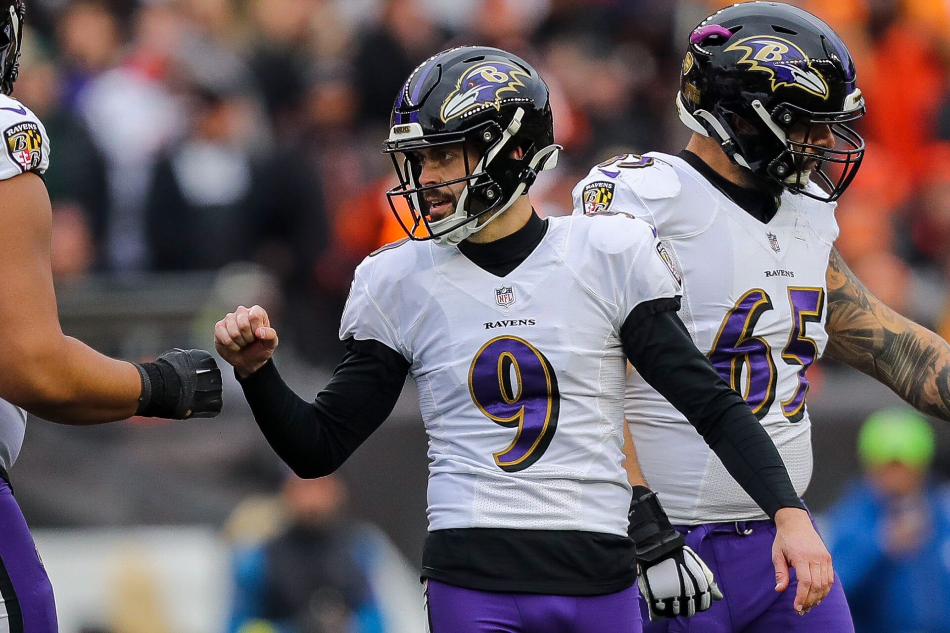 Jan 8, 2023; Cincinnati, Ohio, USA; Baltimore Ravens place kicker Justin Tucker (9) reacts after a field goal against the Cincinnati Bengals in the second half at Paycor Stadium. Mandatory Credit: Katie Stratman-USA TODAY Sports