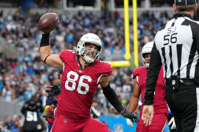 Oct 2, 2022; Charlotte, North Carolina, USA; Arizona Cardinals tight end Zach Ertz (86) reacts after scoring a touchdown in the third quarter at Bank of America Stadium. Mandatory Credit: Bob Donnan-USA TODAY Sports