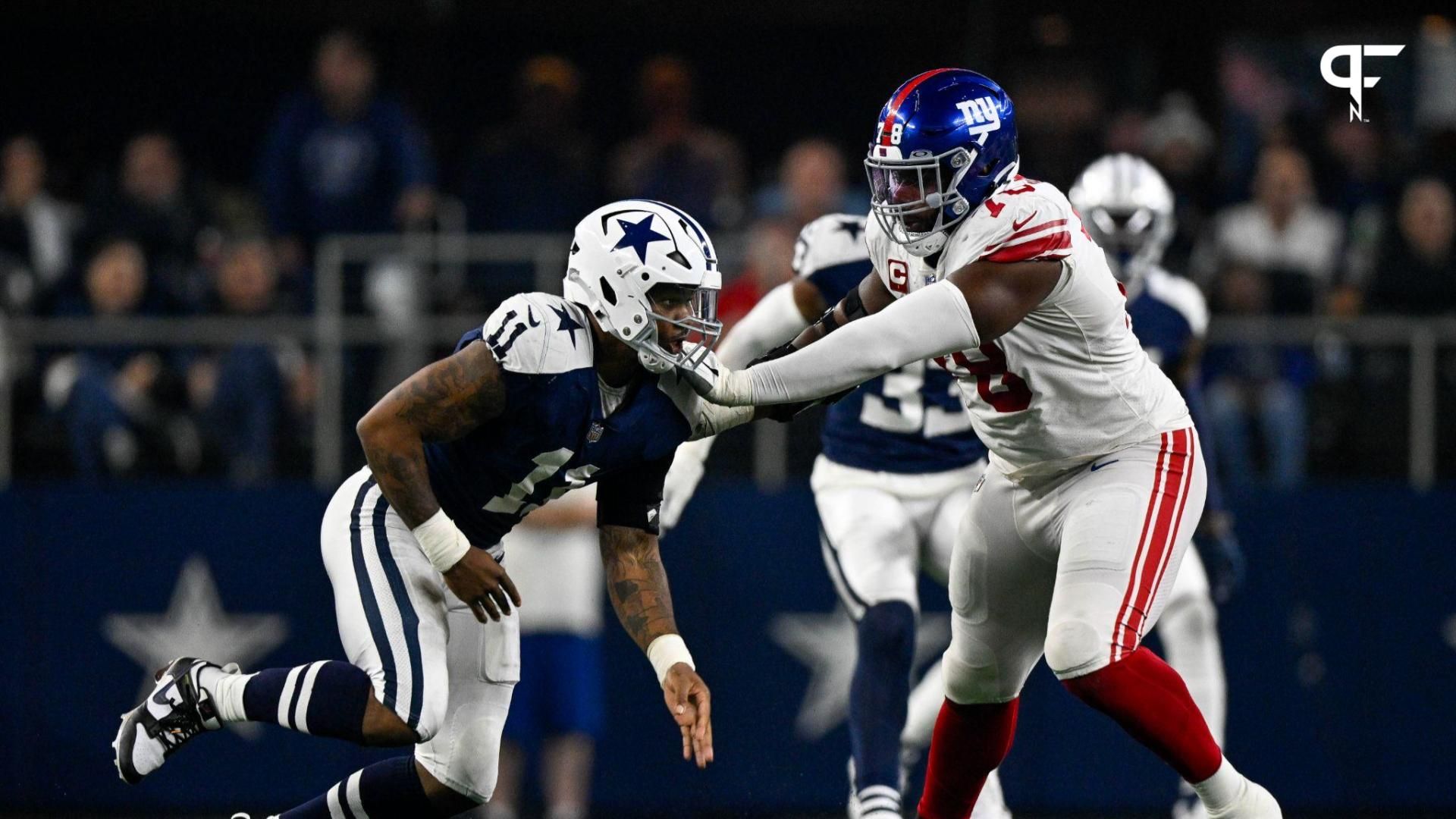 Dallas Cowboys linebacker Micah Parsons (11) and New York Giants offensive tackle Andrew Thomas (78) in action during the game between the Dallas Cowboys and the New York Giants at AT&T Stadium.