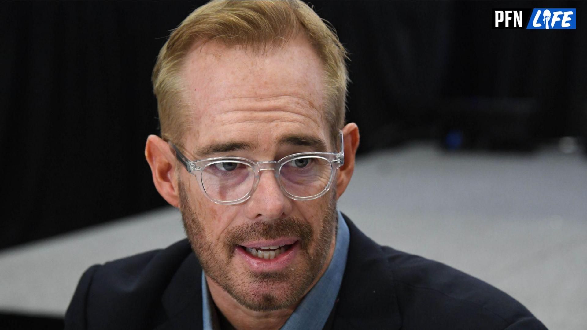 Joe Buck is interviewed during the Fox Sports press conference at the George R. Brown Convention Center prior to Super Bowl LI.