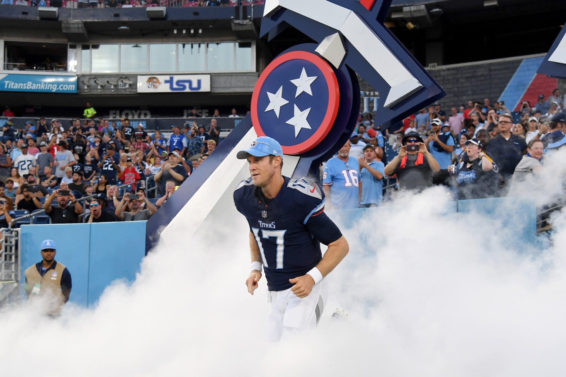 Ryan Tannehill (17) takes the field during introductions before the game against the New England Patriots at Nissan Stadium.