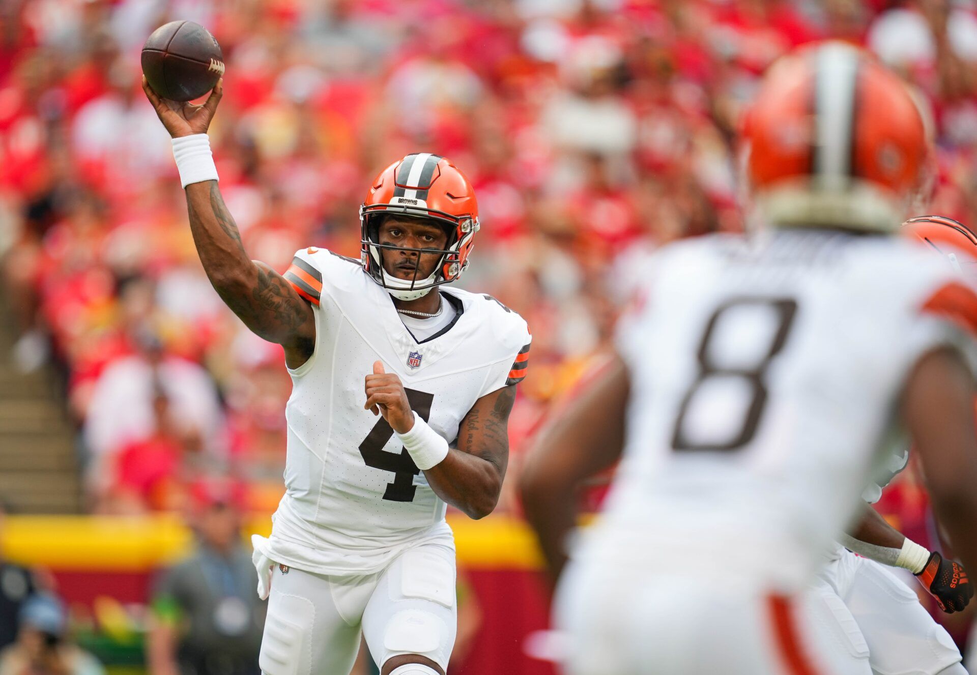 Deshaun Watson (4) throws a pass during the first half against the Kansas City Chiefs at GEHA Field at Arrowhead Stadium.