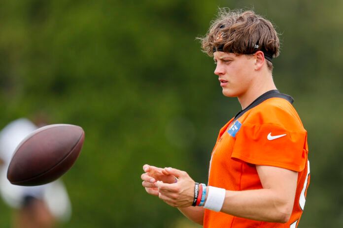 Cincinnati Bengals quarterback Joe Burrow (9) during training camp at Kettering Health Practice Fields.