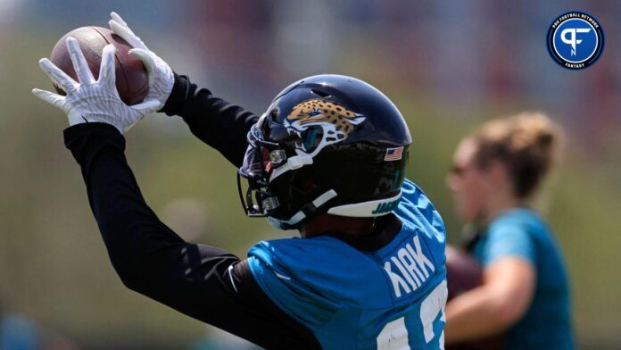 Jacksonville Jaguars wide receiver Christian Kirk (13) catches a pass Monday, Aug. 14, 2023 at Miller Electric Center at EverBank Stadium in Jacksonville, Fla. Today was the 14th training camp session.