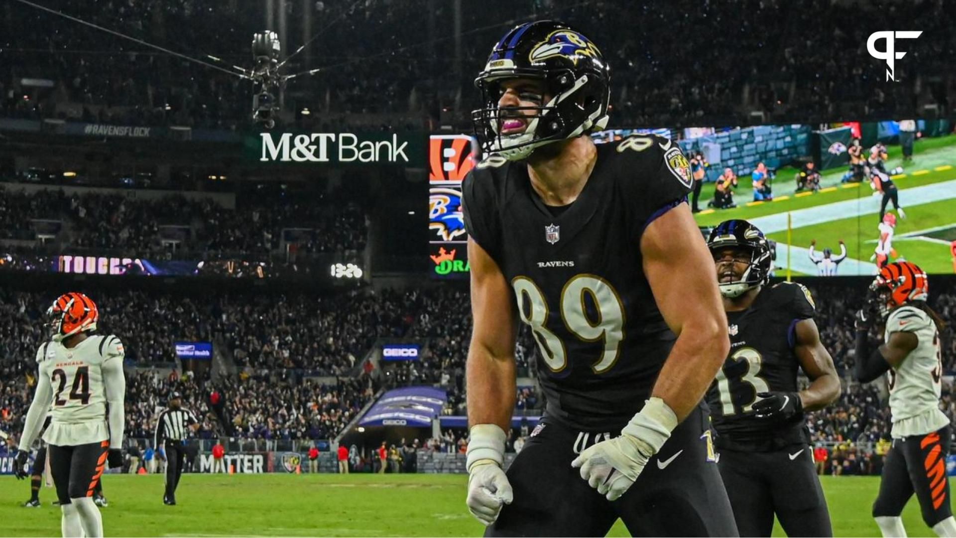 Mark Andrews (89) celebrates scoring a second quarter touchdown against the Cincinnati Bengals at M&T Bank Stadium.