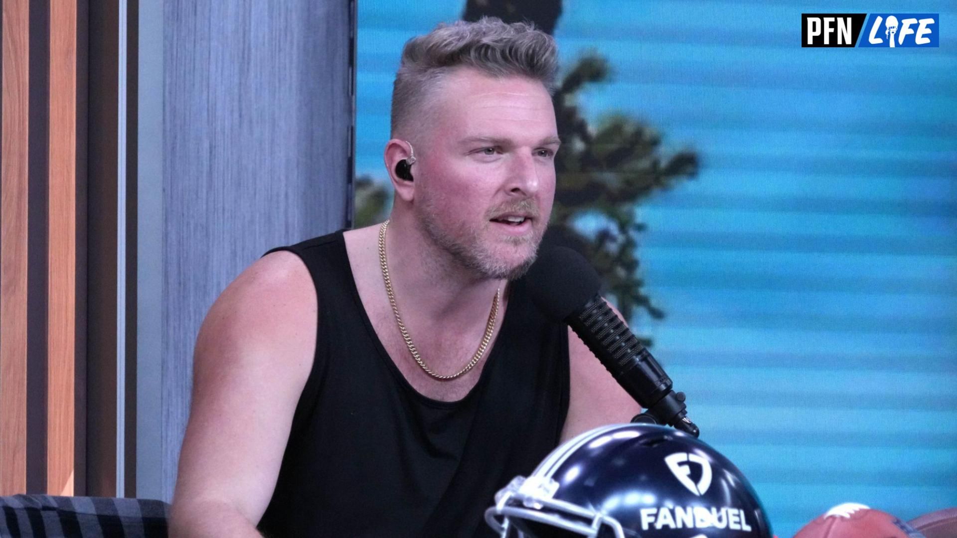 Pat McAfee on the FanDuel set on radio row at the Super Bowl LVII media center at the Phoenix Convention Center.