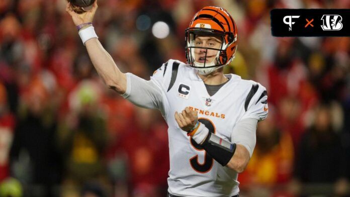 Cincinnati Bengals quarterback Joe Burrow (9) throws a pass during the first half of the AFC Championship game against the Kansas City Chiefs at GEHA Field at Arrowhead Stadium.