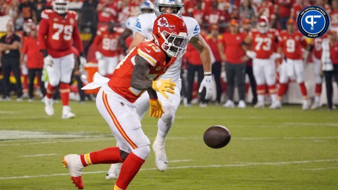 Kadarius Toney (19) drops a pass against the Detroit Lions during the second half at GEHA Field at Arrowhead Stadium.