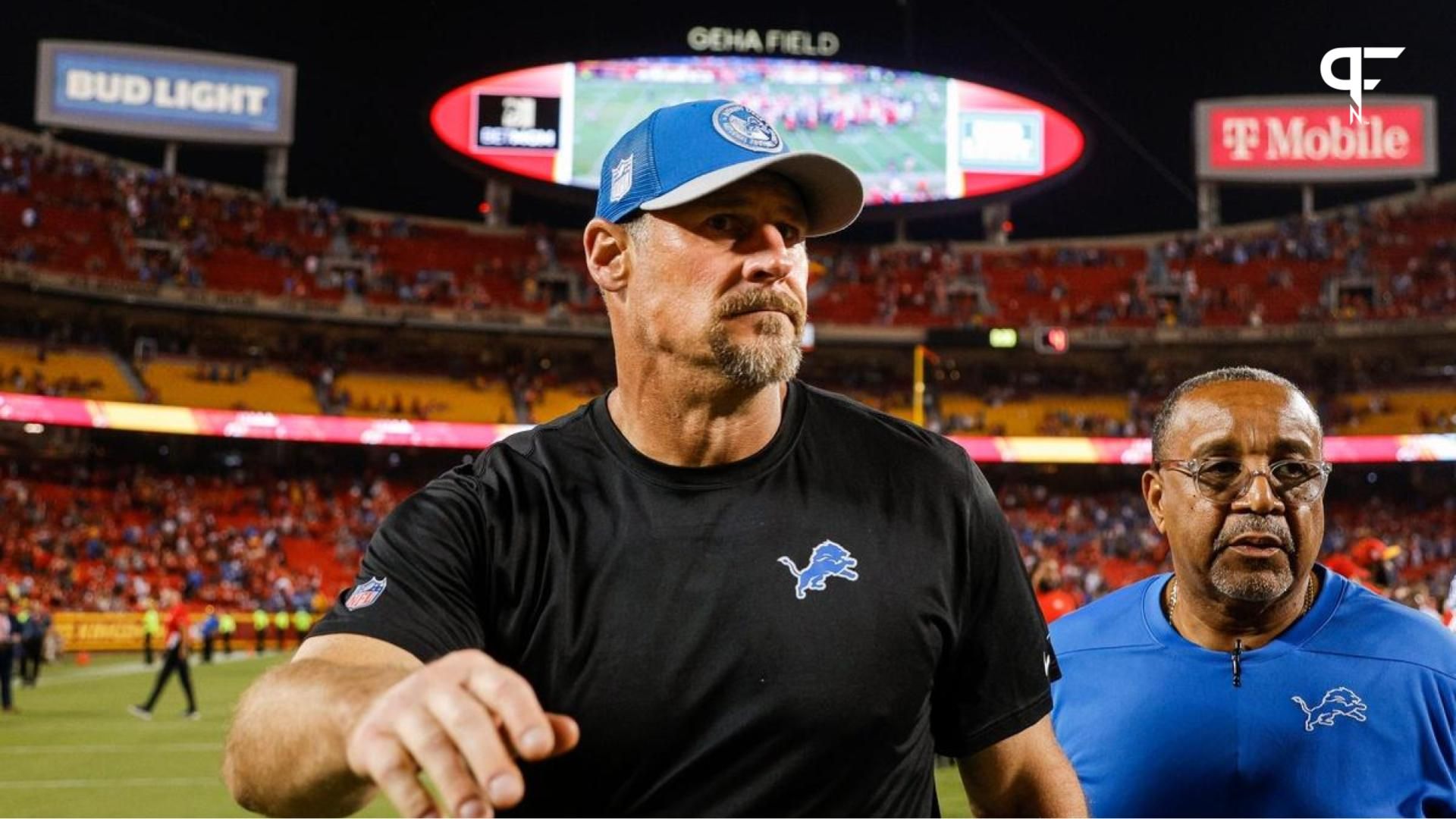 Detroit Lions head coach Dan Campbell walking off the field after a win over the Kansas City Chiefs.