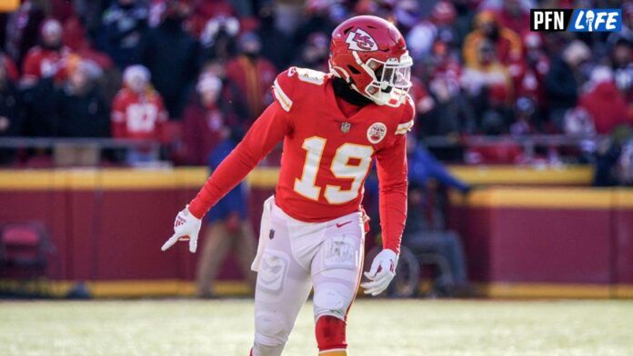 Kadarius Toney lines up at receiver for the Kansas City Chiefs.