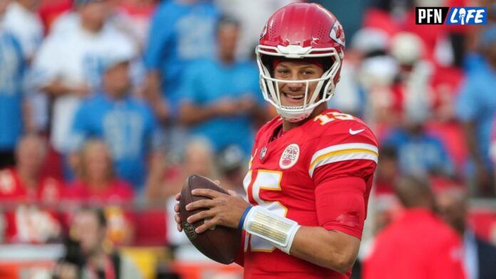 Patrick Mahomes look on prior to facing the Detroit Lions.