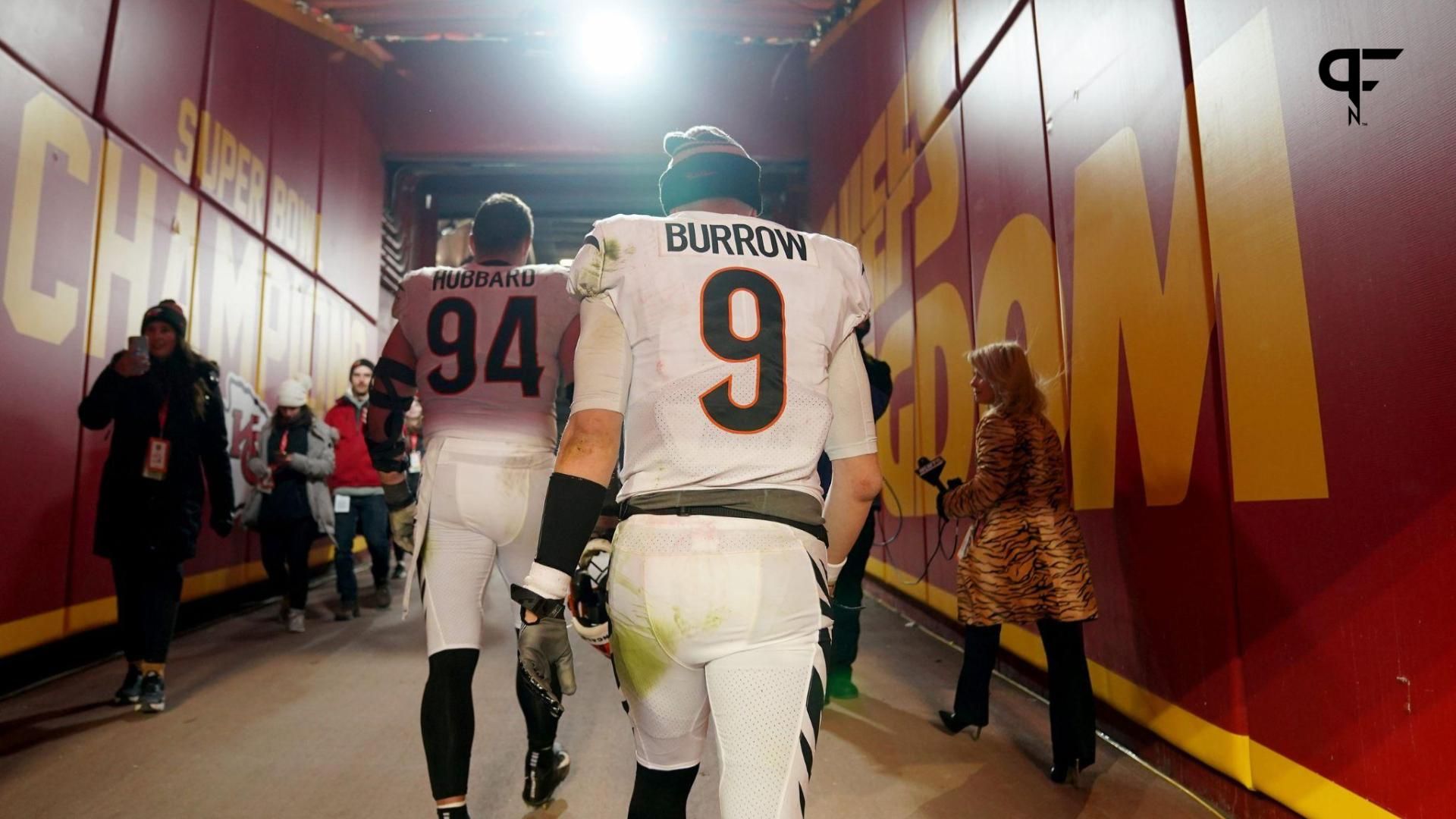 Cincinnati Bengals quarterback Joe Burrow (9) walks off the field at the conclusion of the AFC championship NFL game between the Cincinnati Bengals and the Kansas City Chiefs, Sunday, Jan. 29, 2023, at GEHA Field at Arrowhead Stadium in Kansas City, Mo. The Kansas City Chiefs won, 23-20.