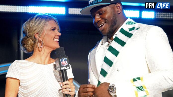 North Carolina State offensive tackle Ikem Ekwonu is inteviewed by NFL Network reporter Melissa Stark after being selected as the sixth overall pick to the Carolina Panthers during the first round of the 2022 NFL Draft at the NFL Draft Theater.