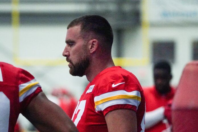 Kansas City Chiefs tight end Travis Kelce (87) takes a break in the indoor practice facility during training camp at Missouri Western State University.