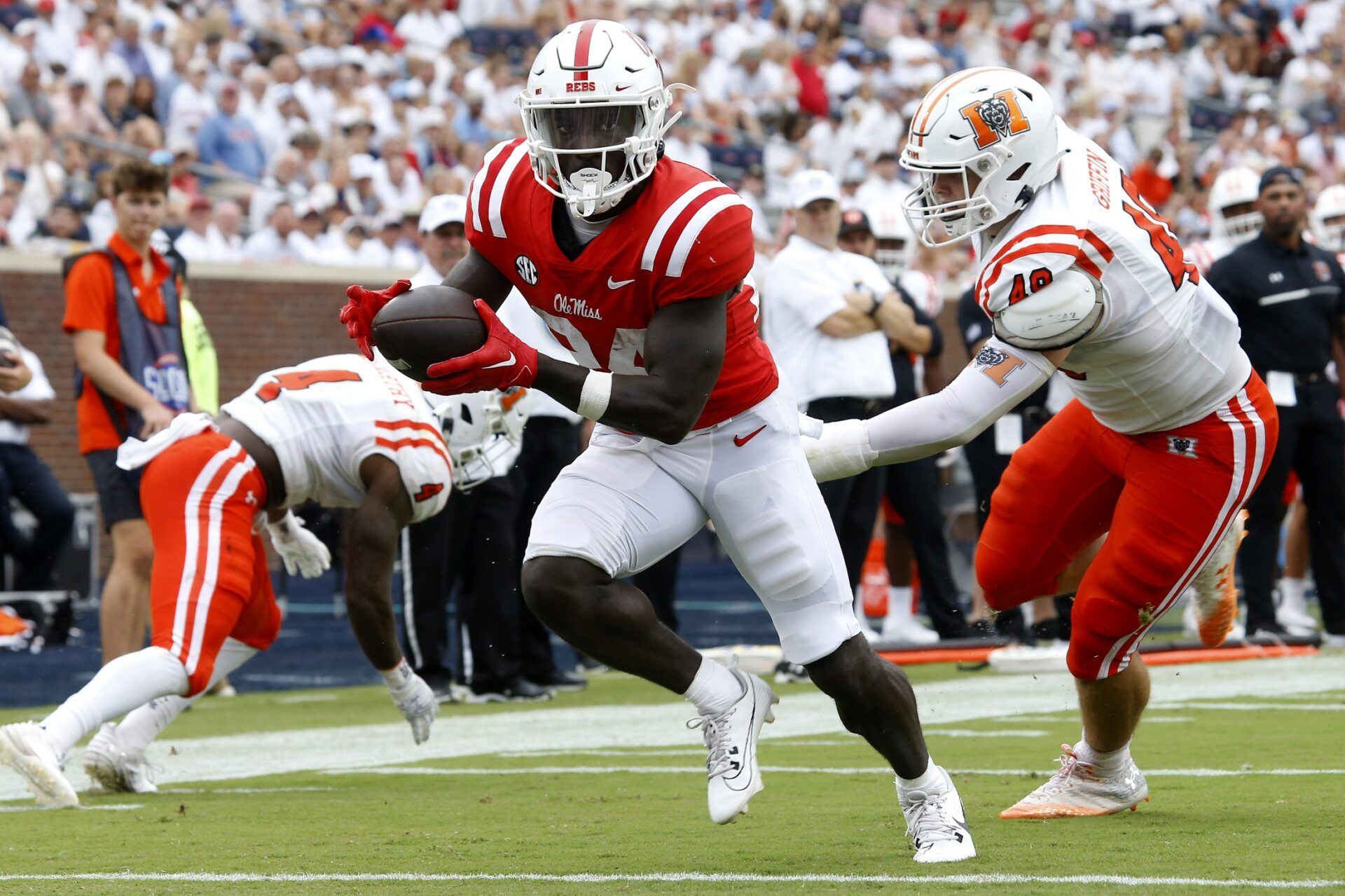 Mississippi Rebels running back Ulysses Bentley IV (24) runs after a catch for a touchdown during the third quarter against the Mercer Bears at Vaught-Hemingway Stadium.