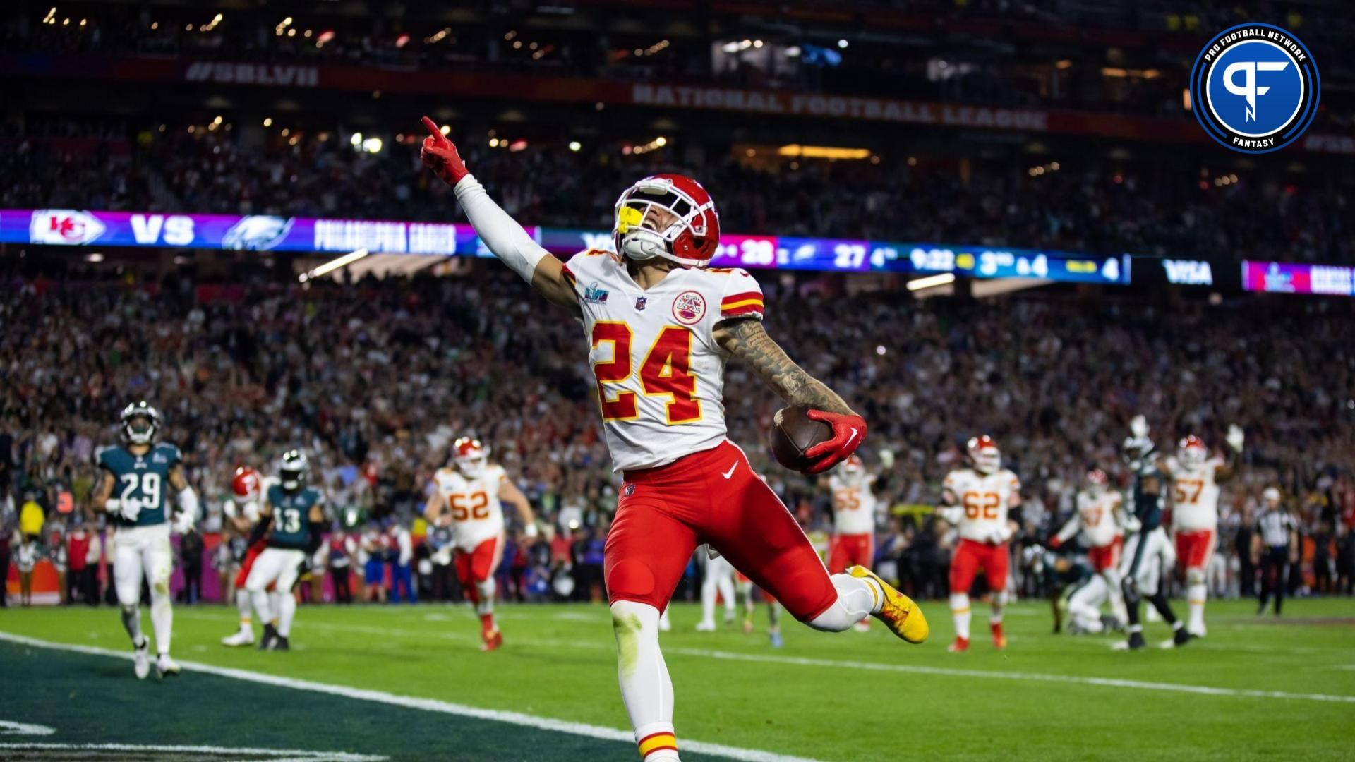 Kansas City Chiefs wide receiver Skyy Moore (24) celebrates as he scores a touchdown against the Philadelphia Eagles during the fourth quarter of Super Bowl LVII at State Farm Stadium.
