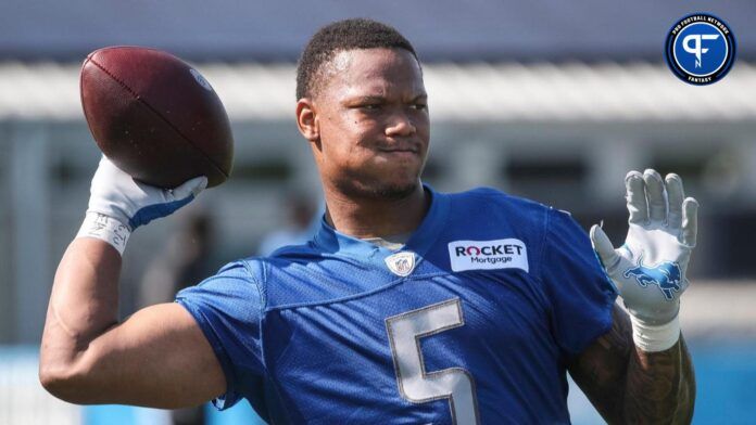 Detroit Lions running back David Montgomery practices with running back Jahmyr Gibbs (not in the photo) during training camp at Detroit Lions Headquarters and Training Facility in Allen Park on Monday, July 24, 2023.