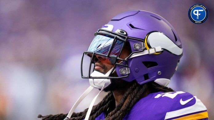 Alexander Mattison (2) reacts before a game against the Arizona Cardinals at U.S. Bank Stadium.