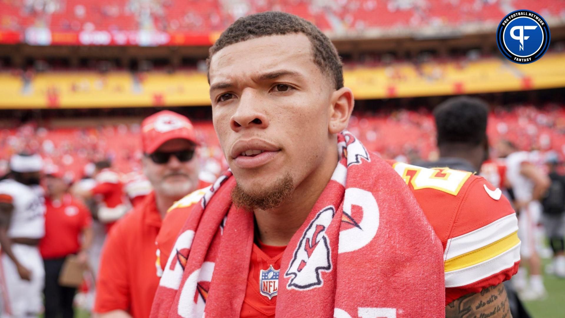 Kansas City Chiefs wide receiver Skyy Moore (24) leaves the field after a game against the Cleveland Browns at GEHA Field at Arrowhead Stadium.