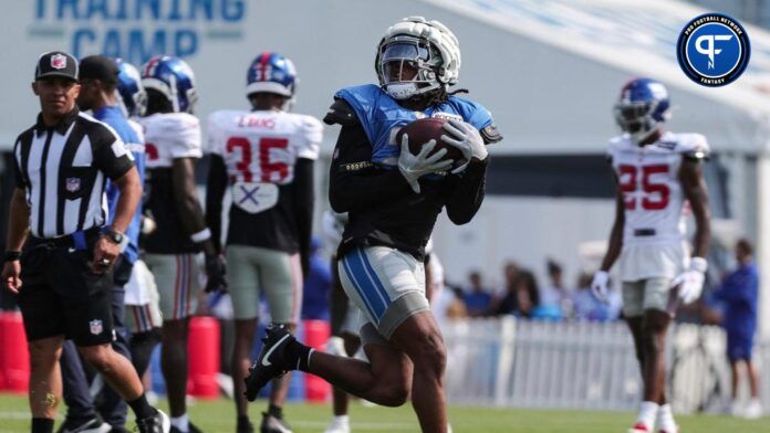 Detroit Lions RB Jahmyr Gibbs makes a catch during joint practices with the New York Giants.