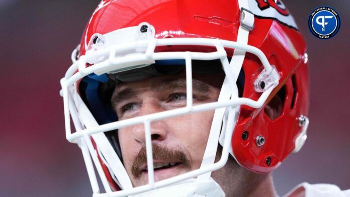 Kansas City Chiefs tight end Travis Kelce (87) warms up prior to facing the Arizona Cardinals at State Farm Stadium.