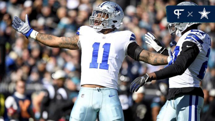 Dallas Cowboys linebacker Micah Parsons (11) celebrates a sack during the first quarter against the Jacksonville Jaguars at TIAA Bank Field.