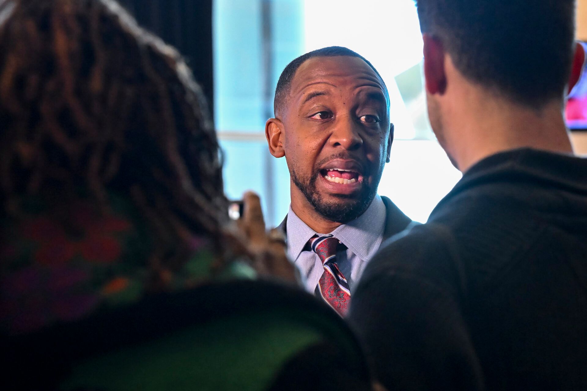 Feb 8, 2022; Houston, TX, USA; Houston Texans offensive coordinator Pep Hamilton speaks during the introductory press conference of Houston Texans new head coach Lovie Smith (not pictured) at NRG Stadium. Mandatory Credit: Maria Lysaker-USA TODAY Sports