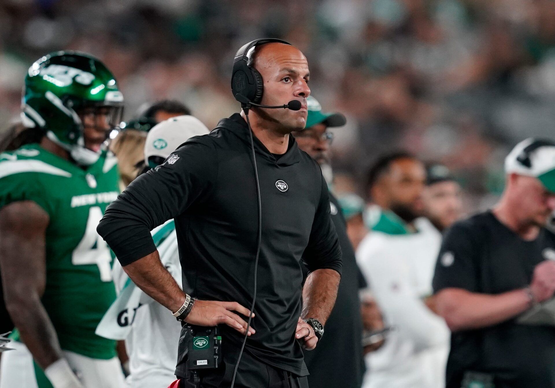 New York Jets head coach Robert Saleh on the sideline in the second half. The Buccaneers defeat the Jets, 13-6, in a preseason NFL game at MetLife Stadium on Saturday, Aug. 19, 2023, in East Rutherford.