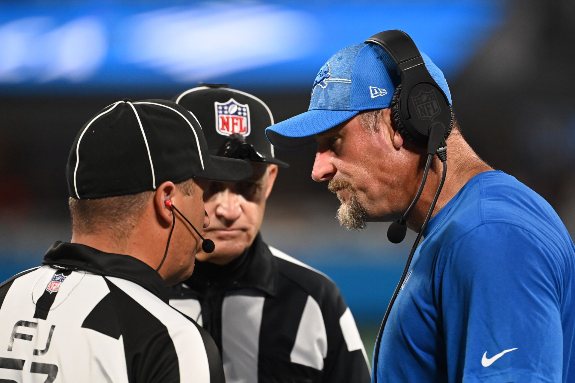 Aug 25, 2023; Charlotte, North Carolina, USA; Detroit Lions head coach Dan Campbell in the fourth quarter at Bank of America Stadium. Mandatory Credit: Bob Donnan-USA TODAY Sports