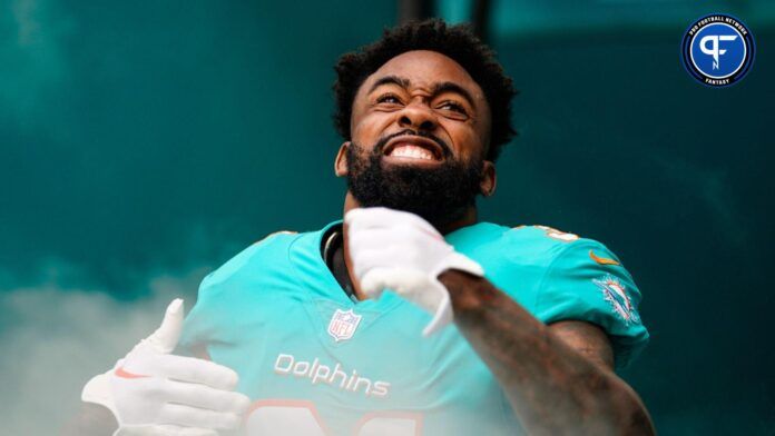 Miami Dolphins running back Raheem Mostert (31) enters the field prior to a game against the New York Jets at Hard Rock Stadium.