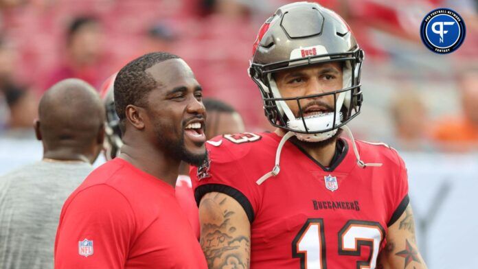 Tampa Bay Buccaneers linebacker Lavonte David (54) and wide receiver Mike Evans (13) against the Baltimore Ravens prior to the game at Raymond James Stadium.