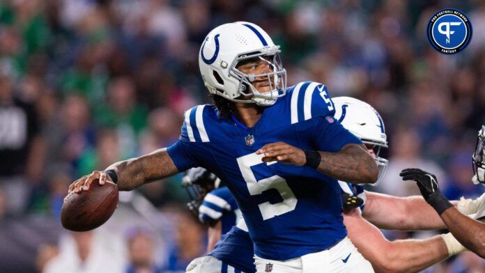 Indianapolis Colts quarterback Anthony Richardson (5) in action against the Philadelphia Eagles at Lincoln Financial Field.