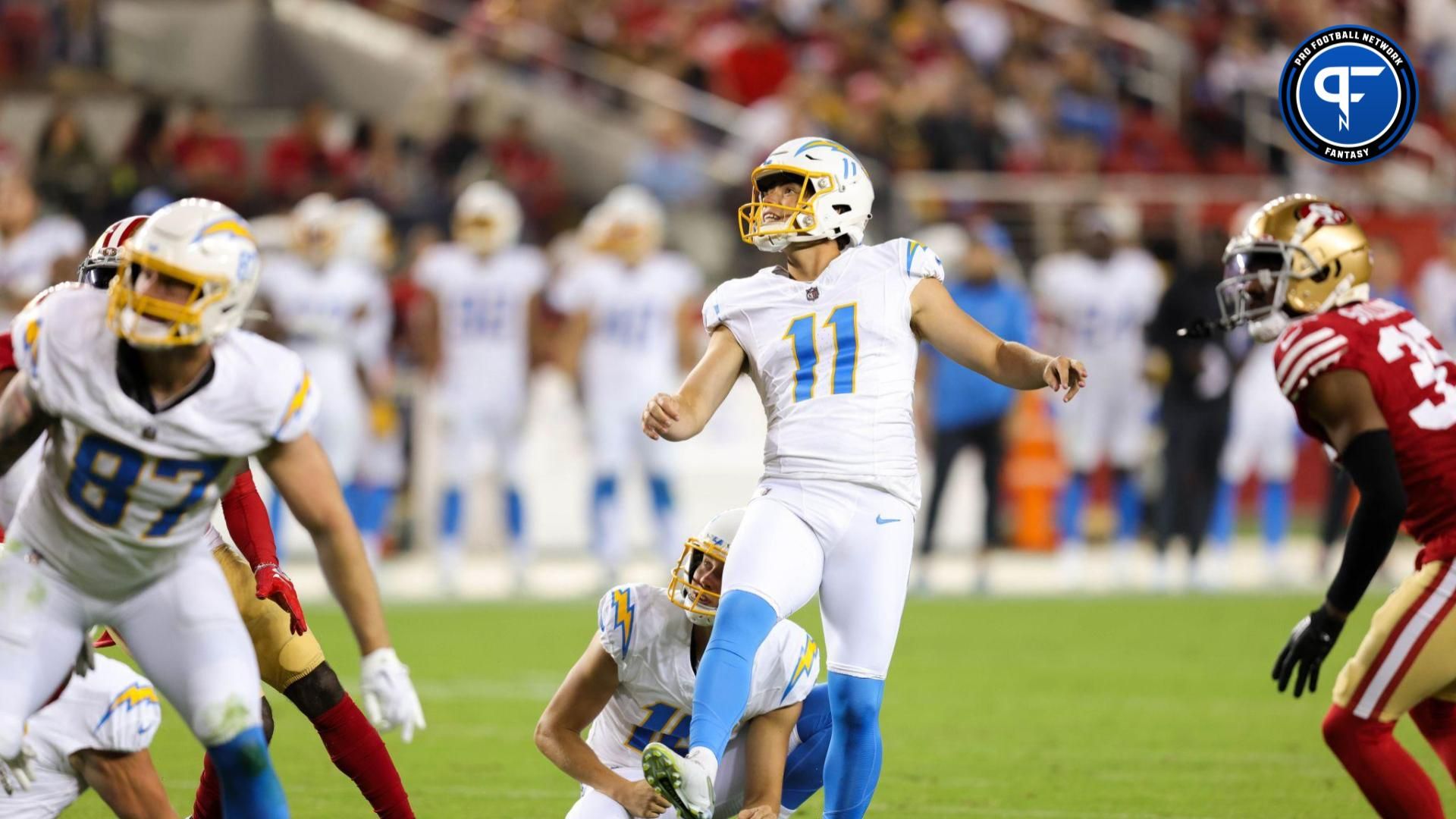 Los Angeles Chargers place kicker Cameron Dicker (11) kicks a field goal during the third quarter against the San Francisco 49ers at Levi's Stadium.