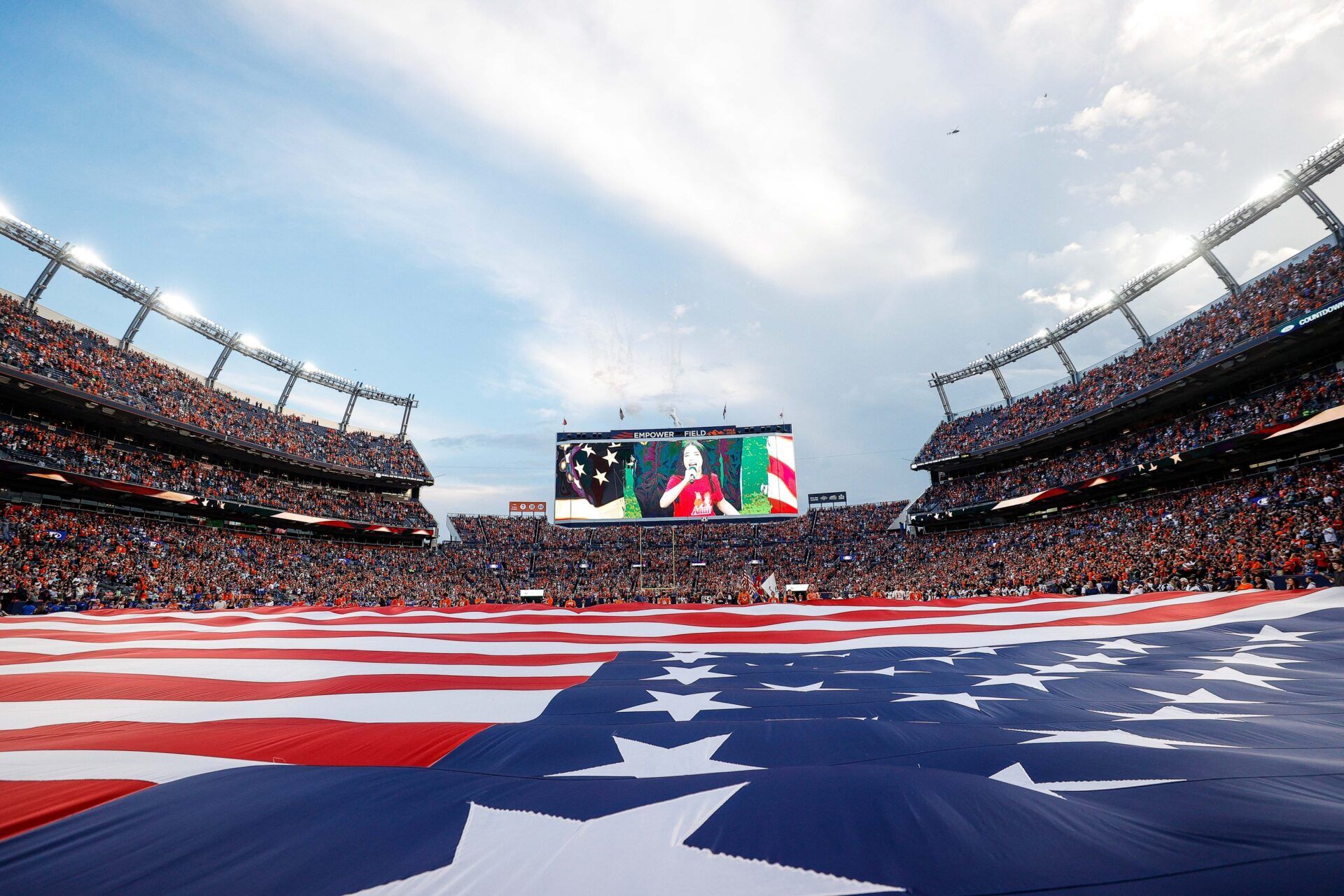 A general view during the National Anthem before the game between the Denver Broncos and the Los Angeles Rams.