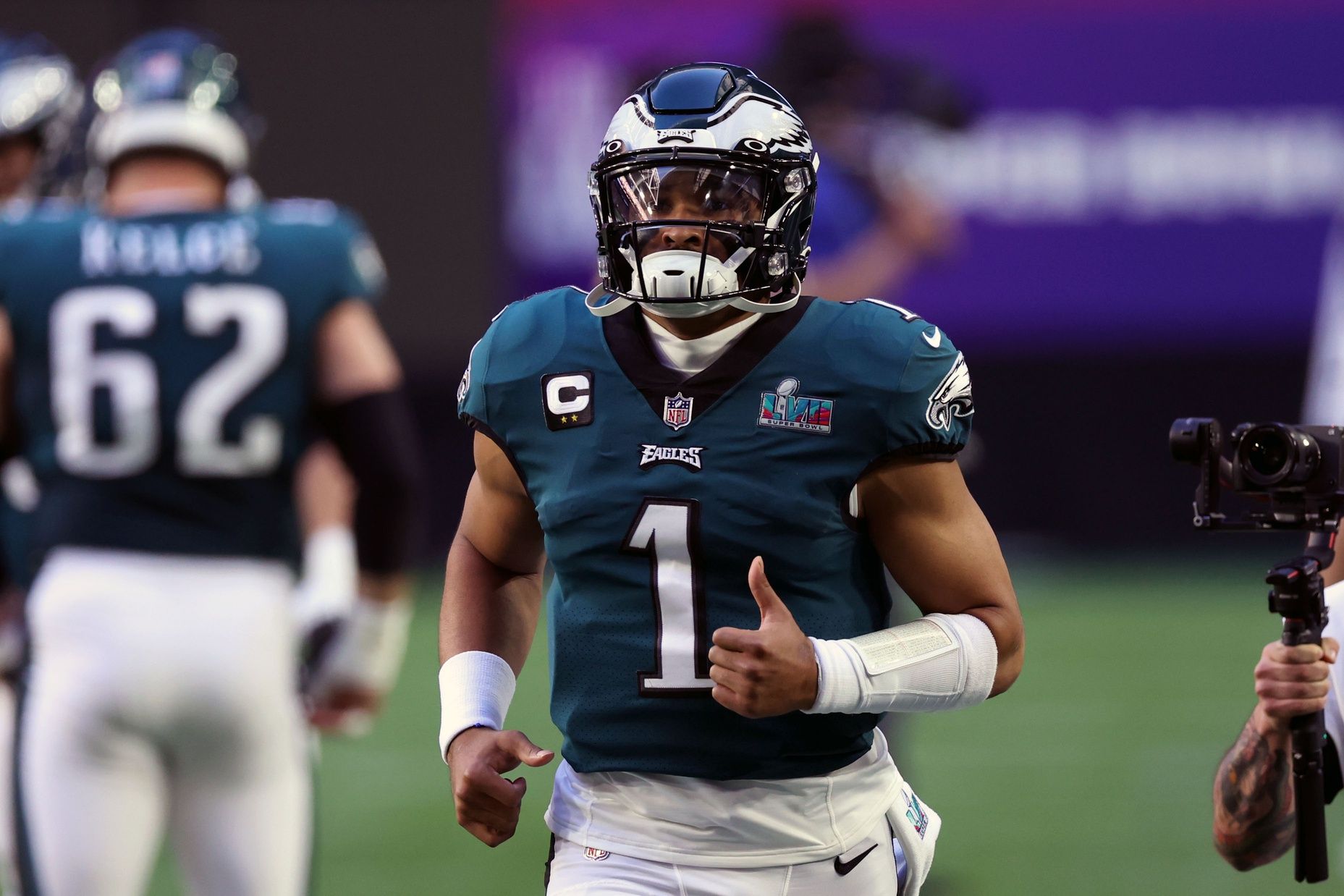 Philadelphia Eagles quarterback Jalen Hurts (1) takes the field before the start of Super Bowl LVII against the Kansas City Chiefs.